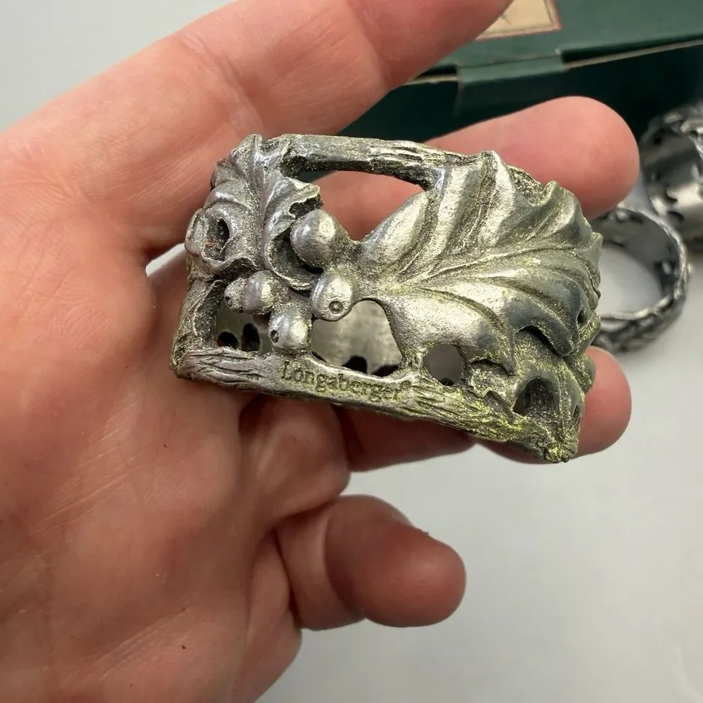 Longaberger 2001 American Holly Pewter Napkin Rings Set 4 Christmas NEW